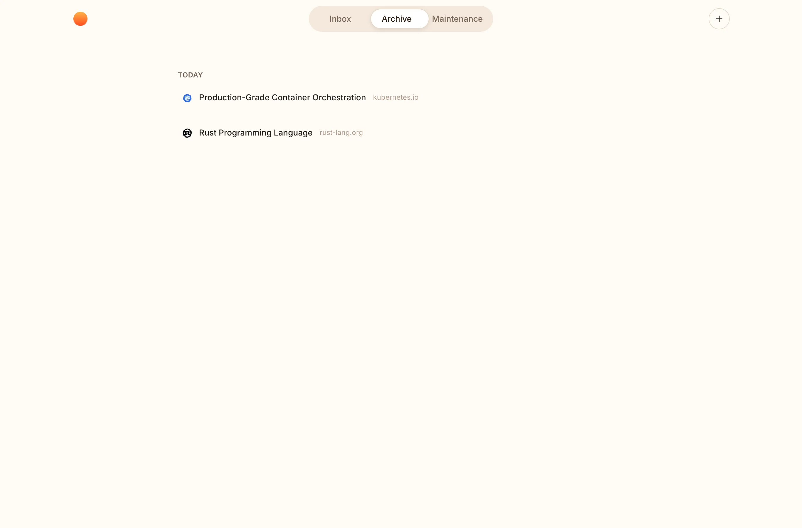 Shiori archive view with controls to restore or delete saved bookmarks
