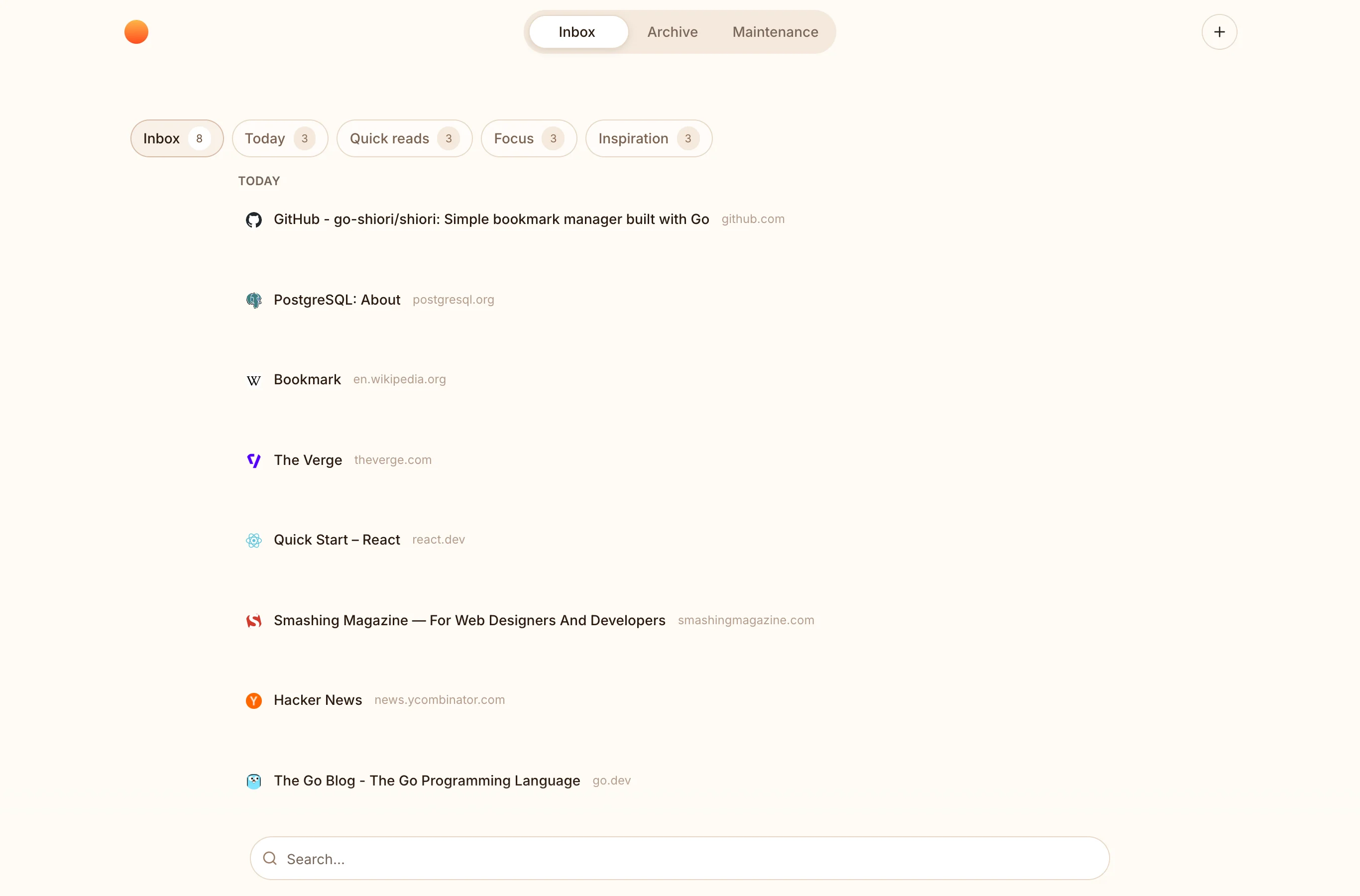 Shiori inbox with operational reading filters and saved bookmarks