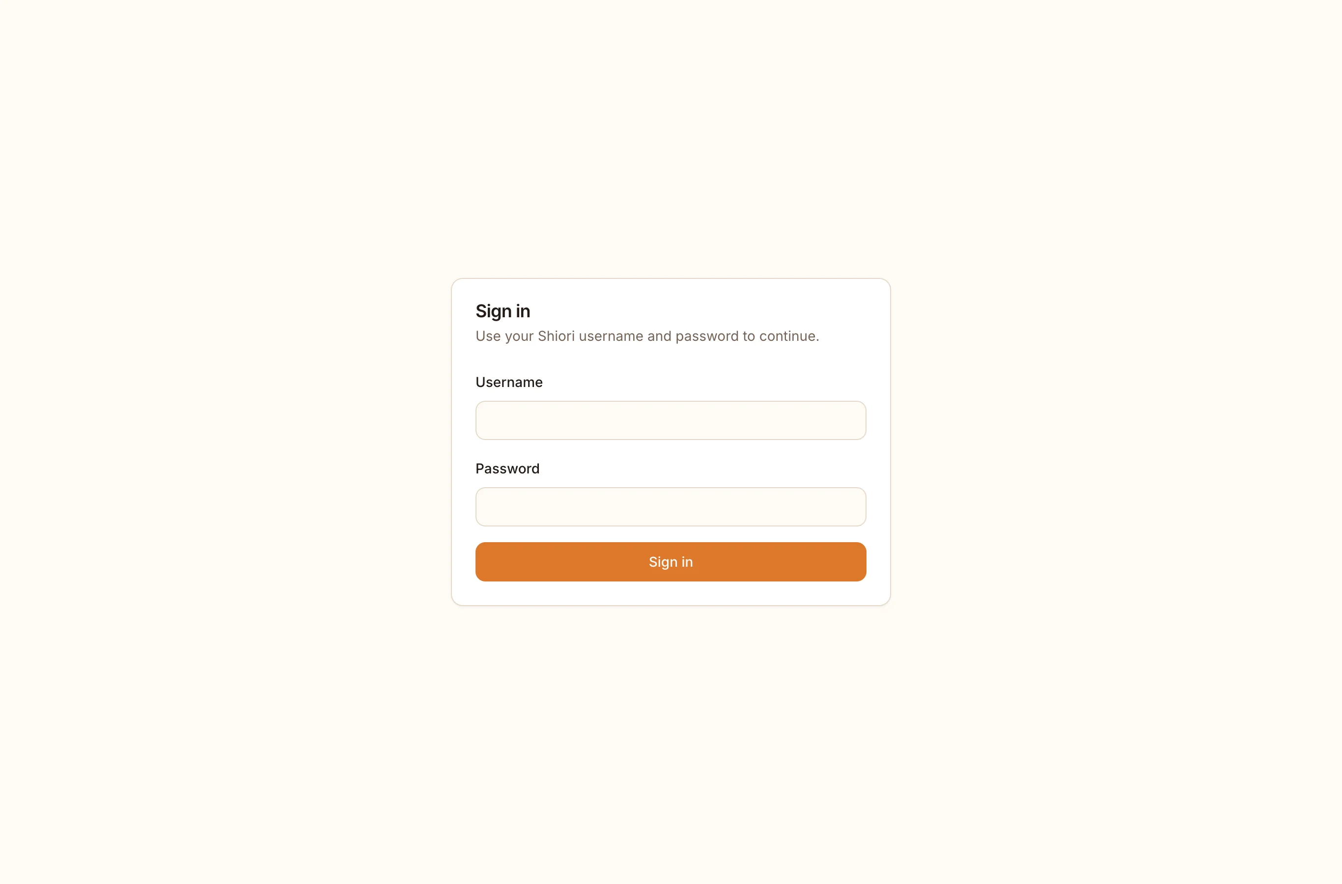 Shiori sign-in screen with username and password fields