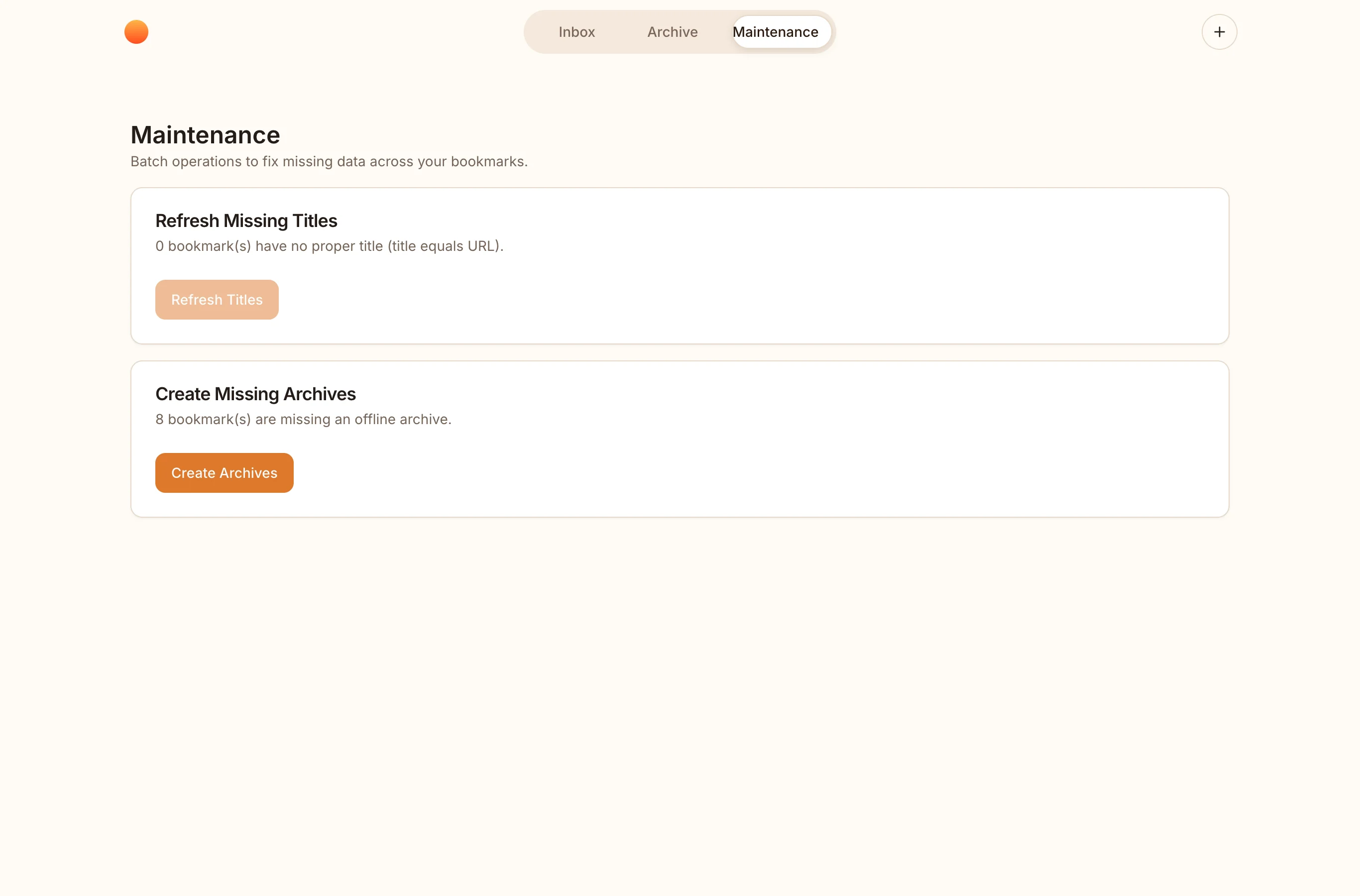 Shiori maintenance page showing batch actions for missing titles and archives