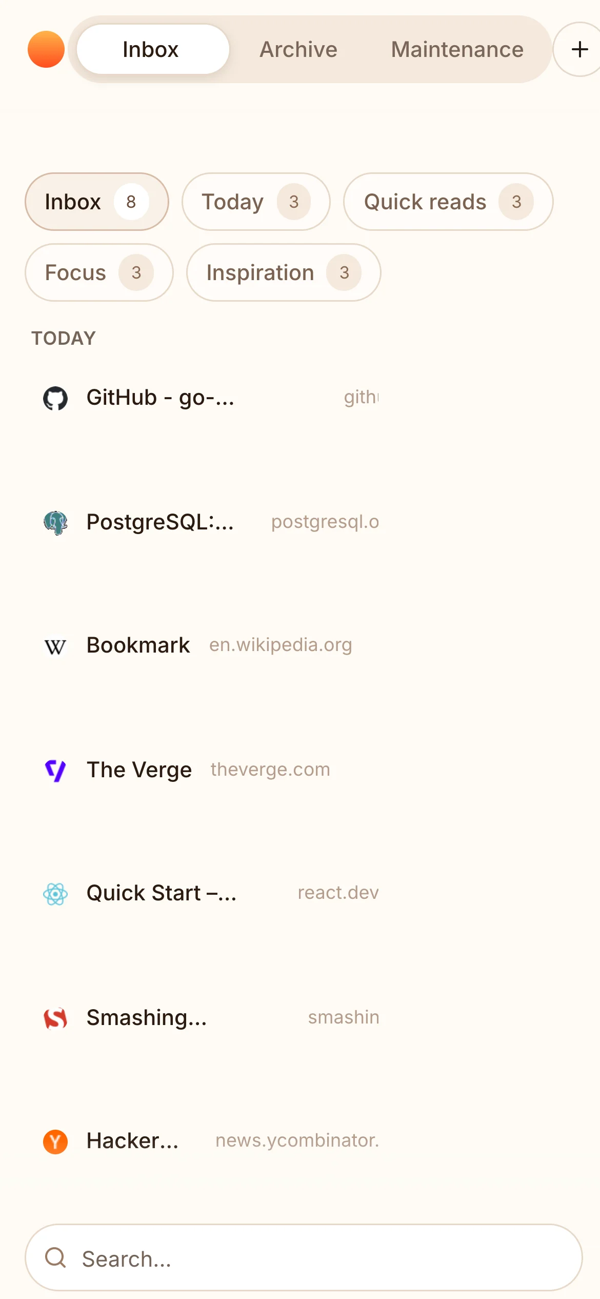 Mobile Shiori inbox with wrapped workflow filters and bookmark rows