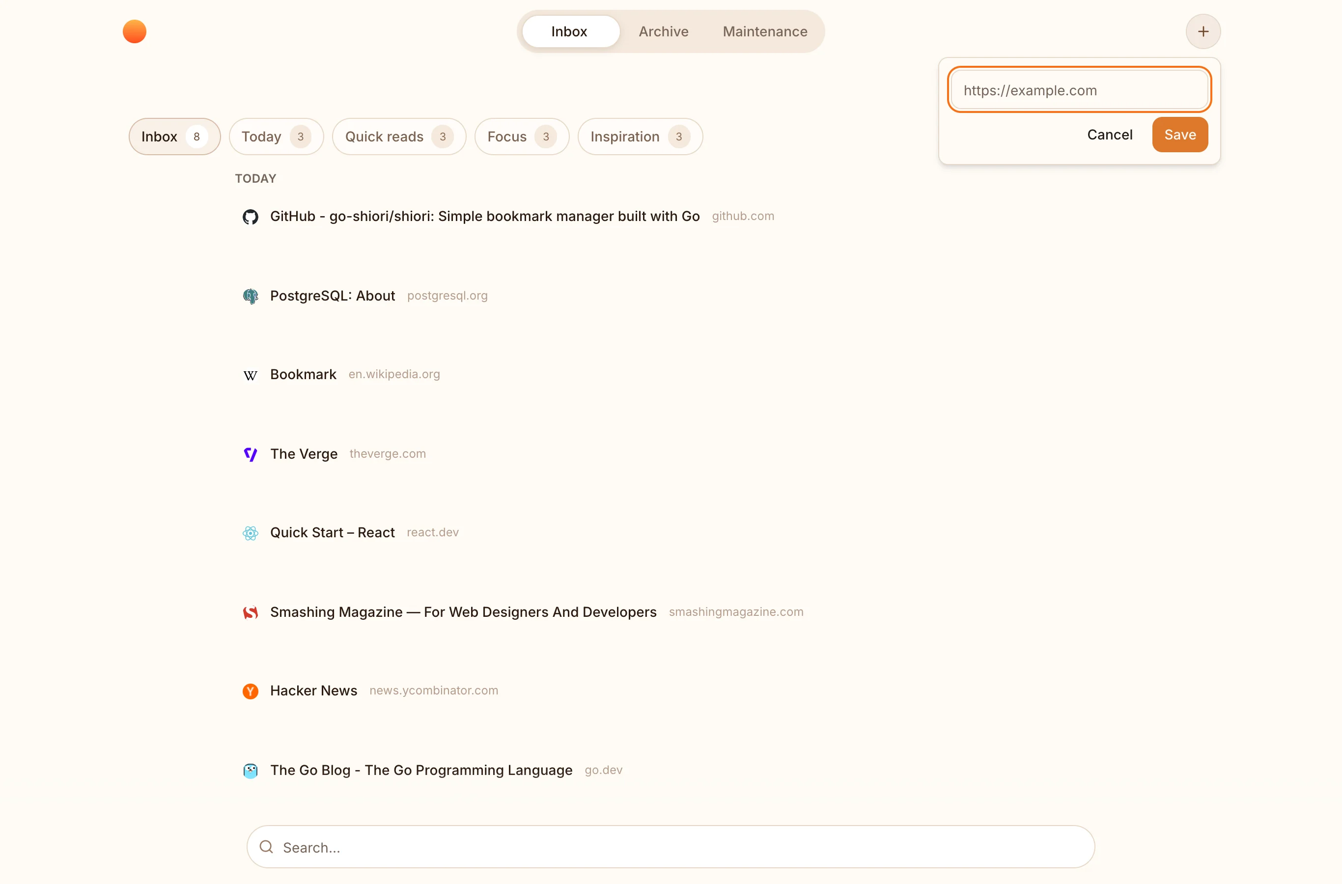 Shiori quick-add field used to save a URL directly into the inbox